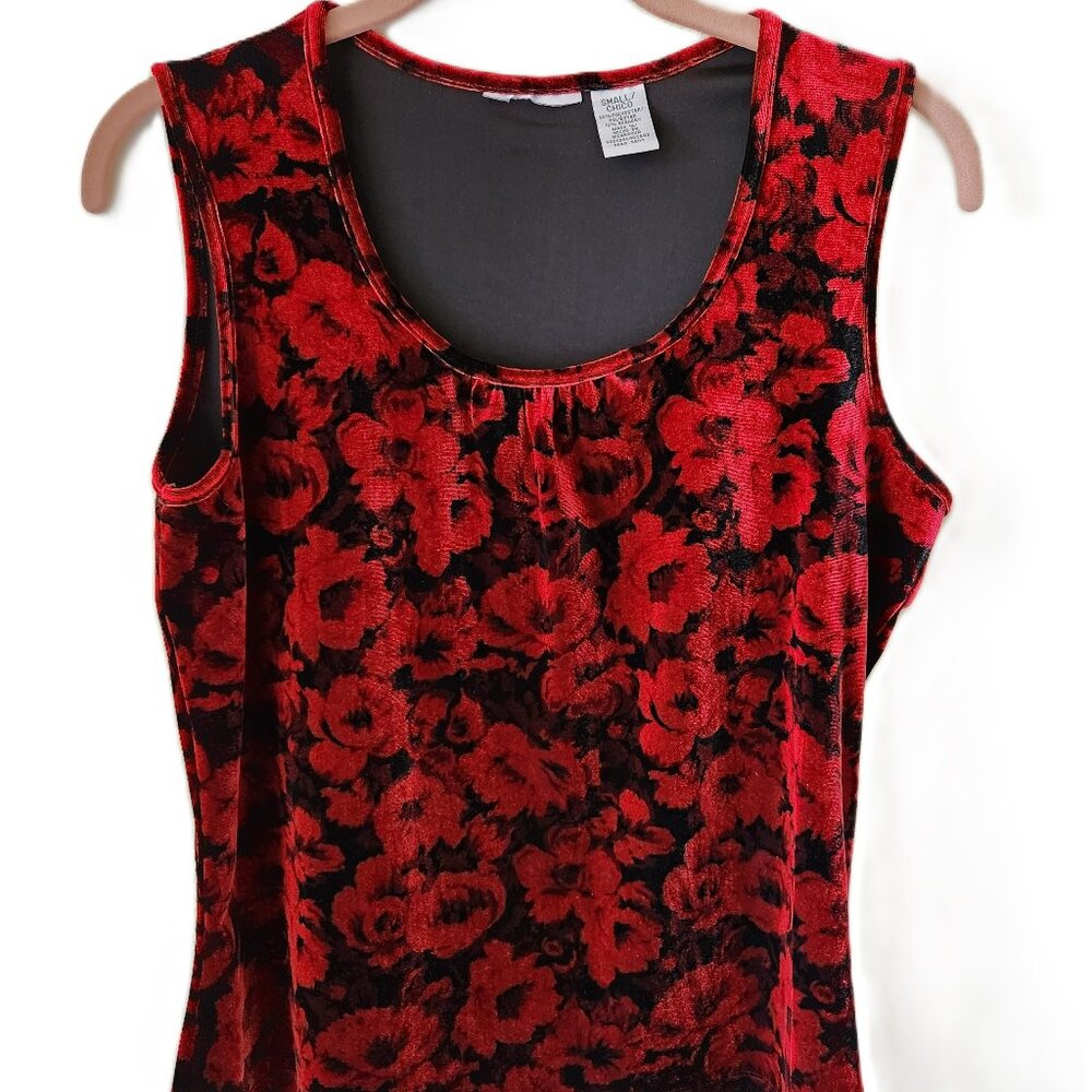VINTAGE Red and Black Velvet Floral Blouse Sleeveless Size Small Occasion Top